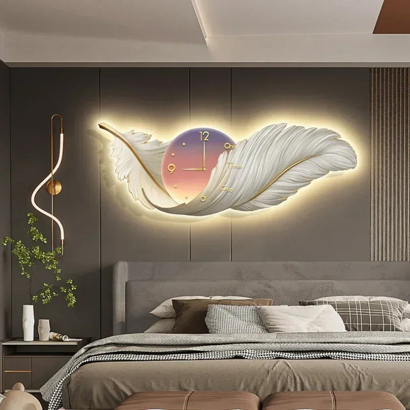 LED Wall Clock Light Luxury Large Art Clocks Living Room Decors Painting Wall Watch Feather Silent Clock Renog Home Decoration
