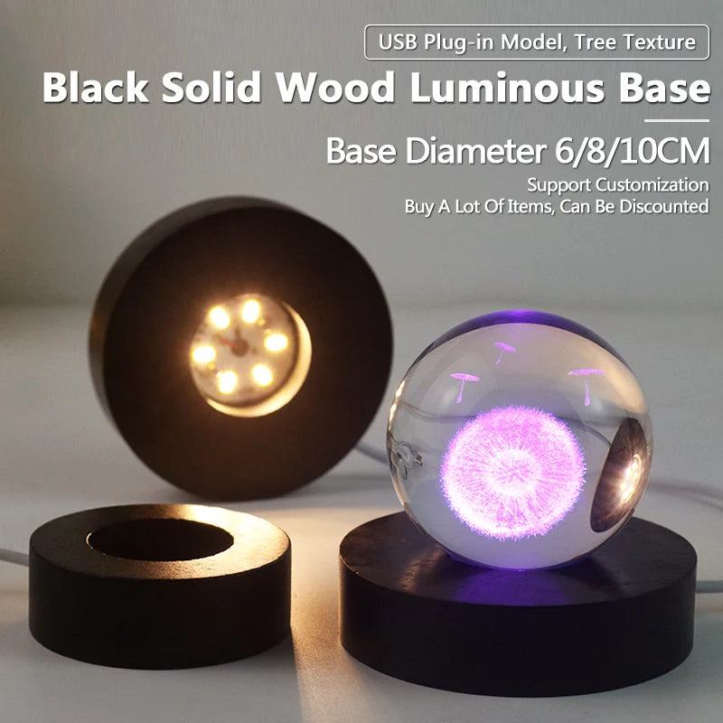 Black Round Solid Wood Luminous Base - LED Light Stand for Crystal Balls & Glass Ornaments