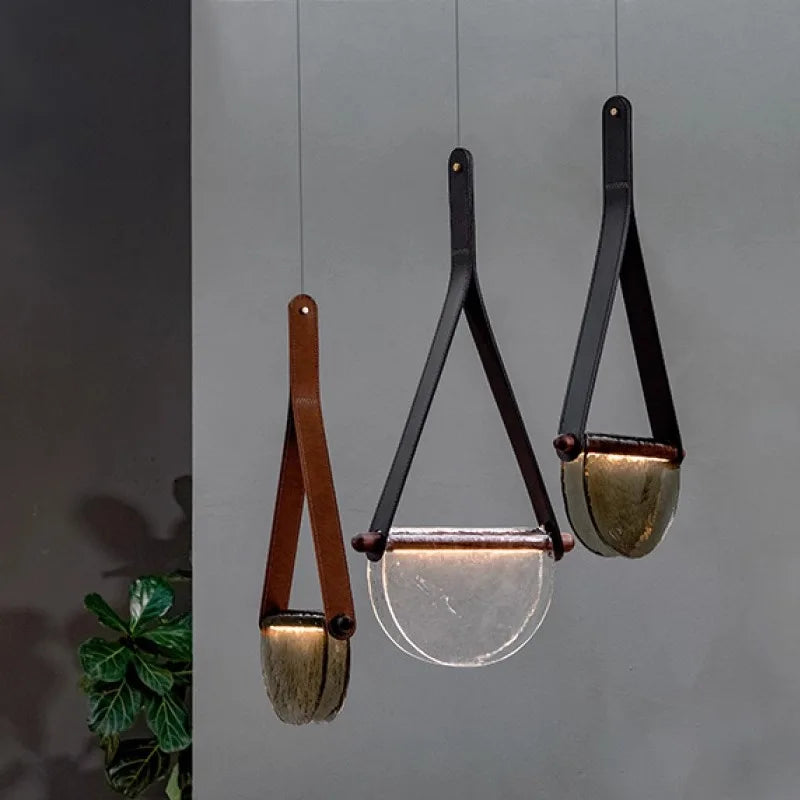 Nordic Leather Handmade Glass LED Lights Creative Belt Design Pendant Lamp for Bedroom Restaurant  Designer Model Room Decor