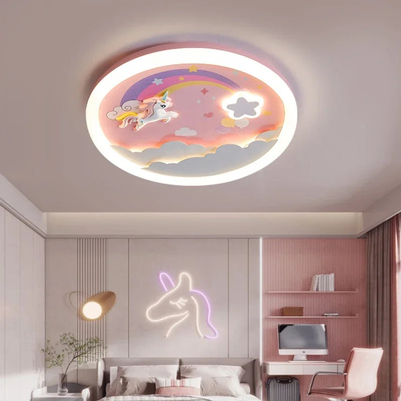 LED Warm Cute Nursery Children's Room Girl Bedroom Pegasus Ceiling Lights Pink Rainbow Unicorn Light Princess Room Ceiling Lamps