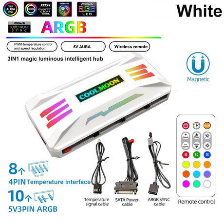 ARGB Fan PWM Hub, 5V 3Pin 4Pin, Temperature Control, Cooling Remote Control, Aura Sync, Performance and Aesthetics, Dynamic Cooling, Temperature Sensing Intelligence, Seamless Connectivity, Remote Precision, Stunning ARGB Illumination, 60W Max Load Power, Reliable Craftsmanship, User-Friendly Installation, Certified Quality, Universal Compatibility, Cooling Experience, Lighting Effects, System Performance.