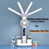 3In1 Multifunctional Desk Lamp LED Desk Lamp Four-Head Folding With Fan Calendar Clock USB Rechargeable Reading Office Desk Lamp