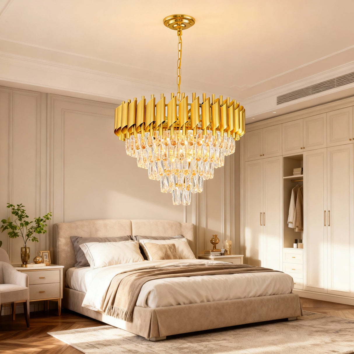 Modern Golden Crystal Chandelier, 5-Layer Circular Luxury Ceiling Chandelier, Suitable for Dining/Living Room/Entrance Hall