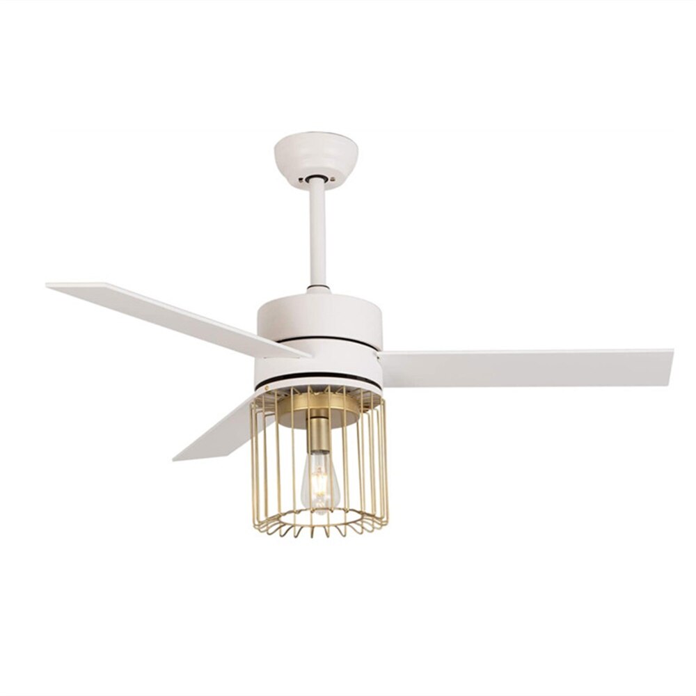 48 Inch Black/White Ceiling Fan 3 Blades 1 Light with Metal Wire-Caged Lampshade and Remote Control for Bedroom