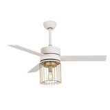 48 Inch Black/White Ceiling Fan 3 Blades 1 Light with Metal Wire-Caged Lampshade and Remote Control for Bedroom