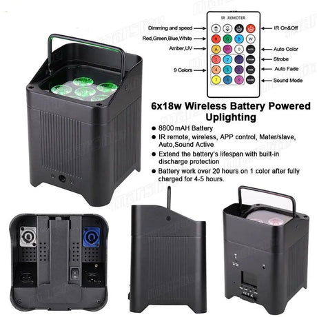 One Piece 6*18W Up lights Battery Wireless Backdrop RGBWA+UV Wedding Party Dj Lights Stage Par Wireless Up lights With Case