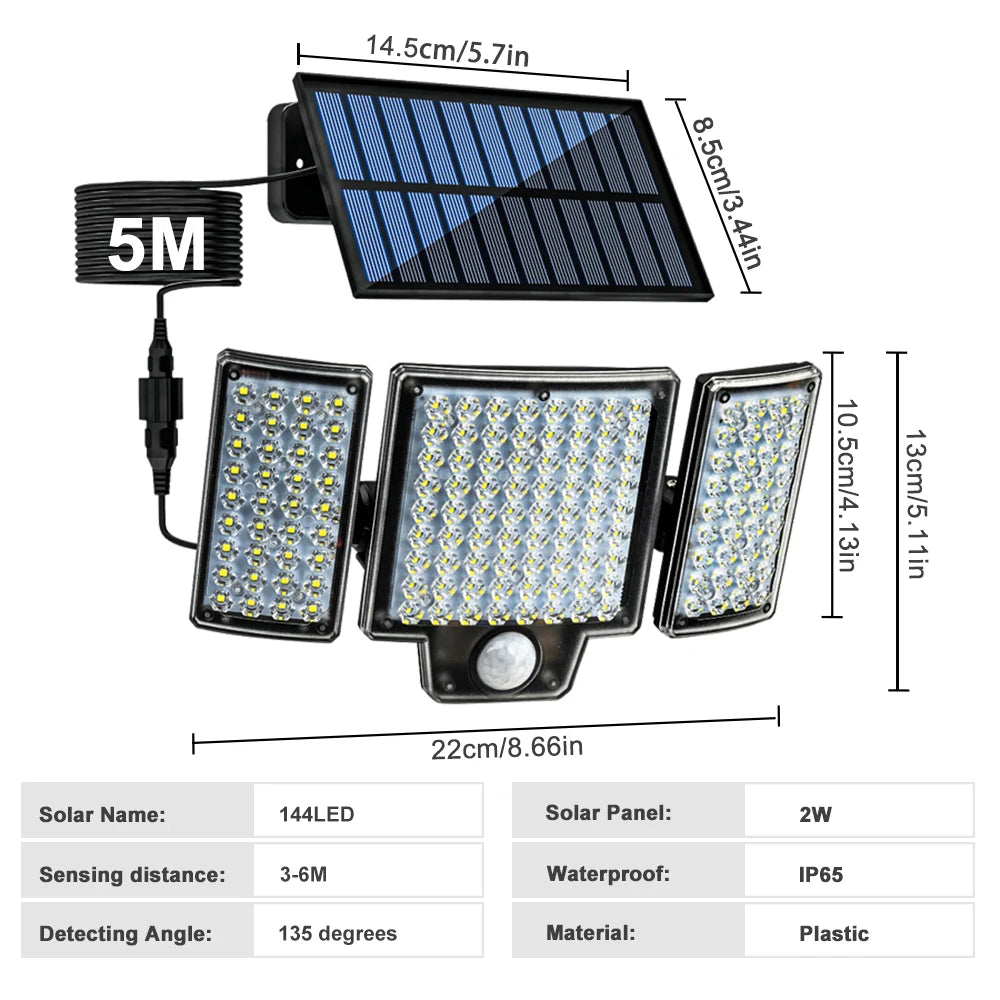 278 LED Solar Motion Sensor Outdoor Flood Light - 3-Head Waterproof Security Wall Lamp for Patio, Yard & Garage