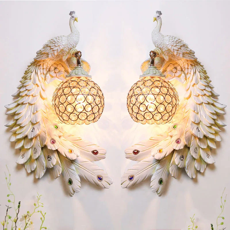 Modern European Resin Peacock Crystal Wall Lamps Bedroom Bedside Living Room TV Background Wall Lamp 110V 220V Wall Light