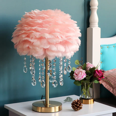 Nordic Feather Crystal Table Lamp Bedroom Ins Girl Warm Bedside Lamp Creative Luxury Romantic Feather Lamp