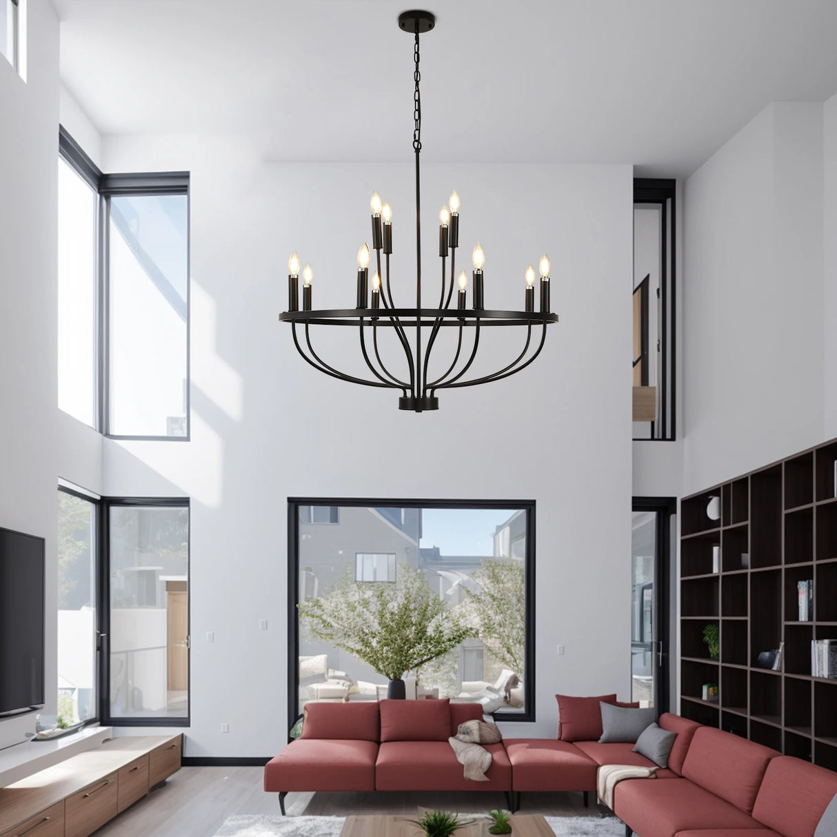 12-Light Black Chandelier Diam 33.46 Inch, Farmhouse Industrial Country Style Large Round Pendant Light Fixture for Dining Room