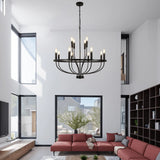 12-Light Black Chandelier Diam 33.46 Inch, Farmhouse Industrial Country Style Large Round Pendant Light Fixture for Dining Room