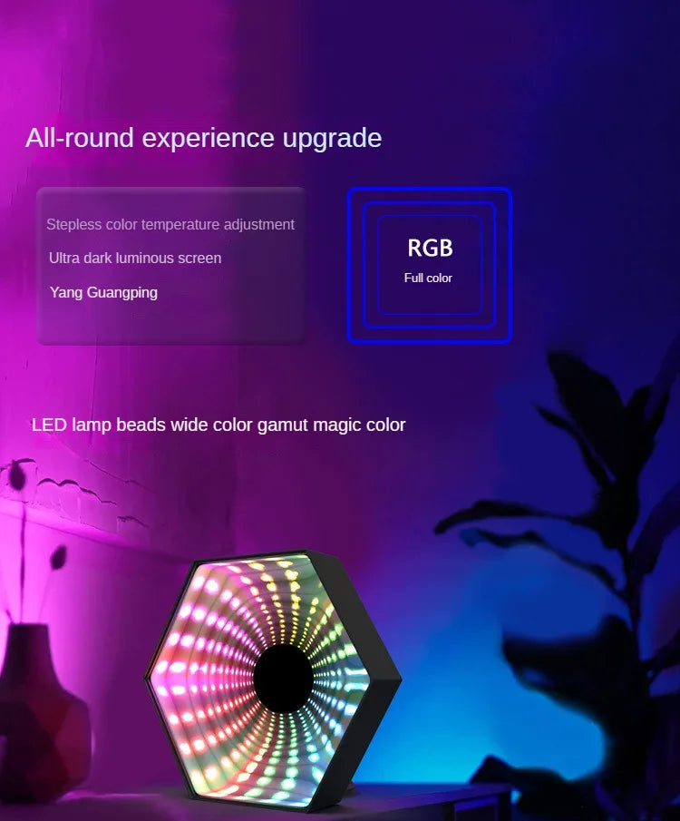 RGB 3D Hexagonal Mirror Tunnel Light LED Desktop Ambient Lamp Compute Game Music Rhythm Sync Pickup Lights Room Decoration