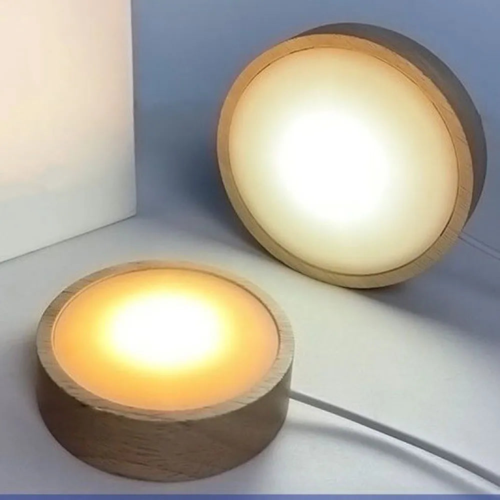 USB Plug Wooden Led Lamp Holder Round Display Stand Lamp Holder Crystal Art Ornament Luminous Base Ambient Lamp Night Light