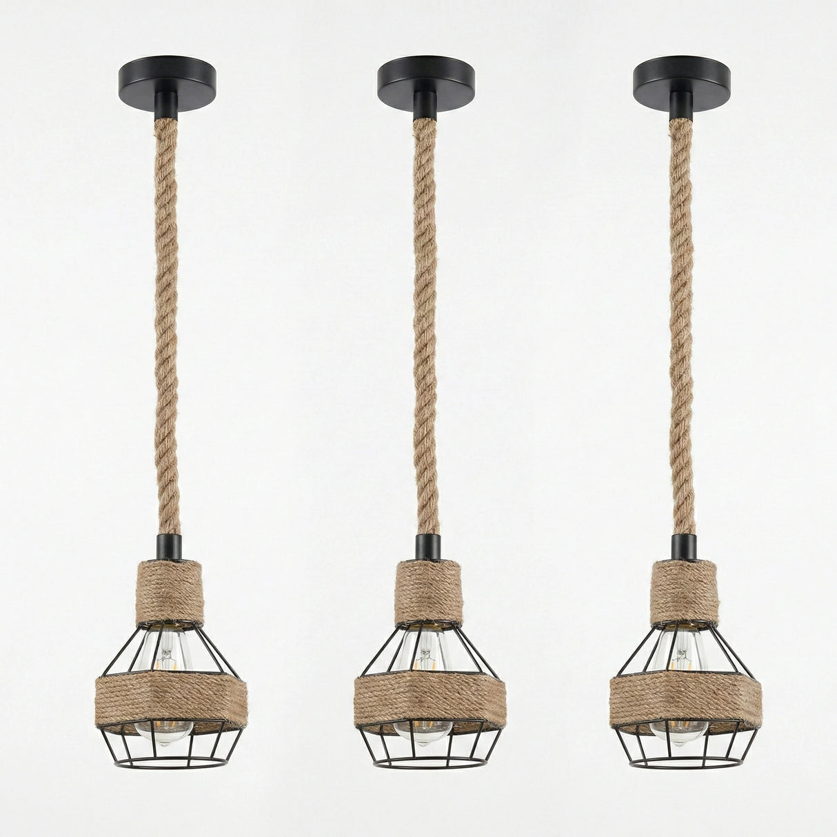 Industrial Loft Hemp Rope Chandelier - Vintage Dining Room Pendant Lamp