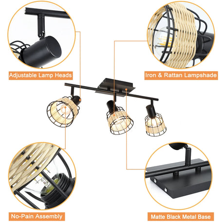 Vintage Track LED 2/3/4/6 Light Ceiling Spotlight Rustic Metal and Rattan Light Industrial Track Lamp for Foyer E12