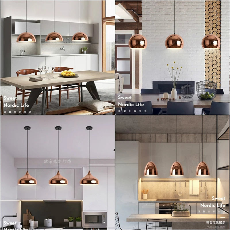 Rose Gold Pendant Lights Nordic Plating Metal Hanging Lamp Fixture Dining Room Kitchen Island Bar Cafe's Indoor Decor's Lighting E27