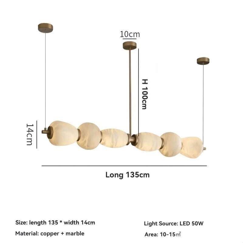 Modern Natural Alabaster Linear LED Chandelier - Brass & Marble Hanging Pendant Lamp for Dining Table, Kitchen Island & Living Room