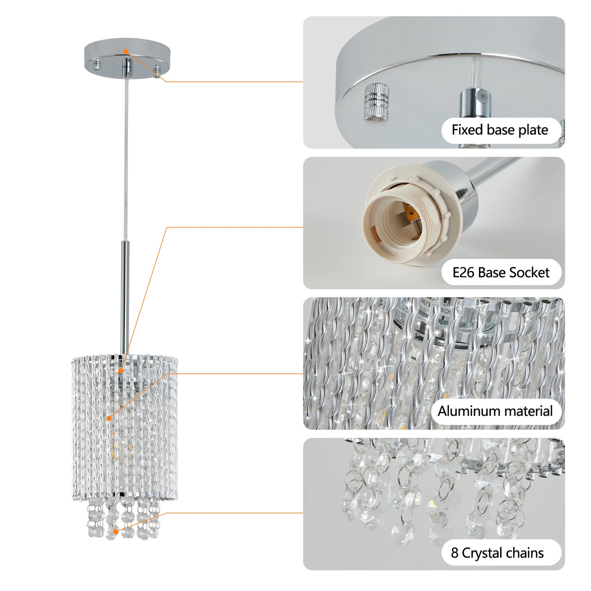 Luxury Modern Crystal Pendant Light 3-Pack Adjustable Chrome Hanging Ceiling Fixture with Clear Beads, Elegant Design