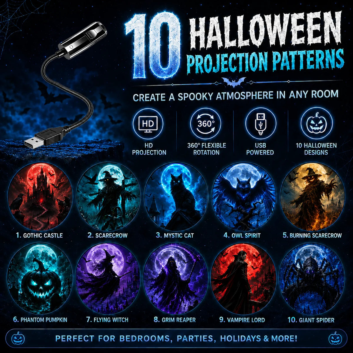 Halloween-Themed 10-Pattern Projection Ambient Night Light - Outdoor & Indoor Holiday Projector Lamp for Festive Home Decor