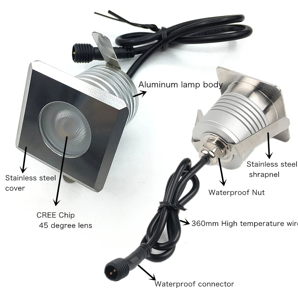 Waterproof 3W LED Garden Buried Light - Square Outdoor Recessed Deck Spotlight