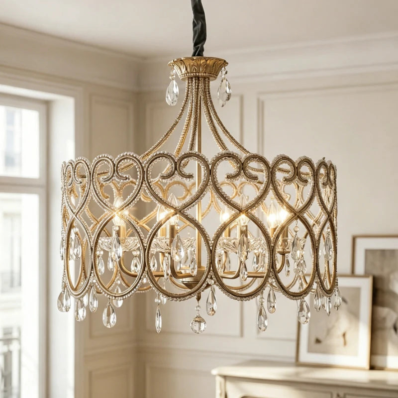 French French Crystal Candle Chandelier (Solid Copper) - Romantic Vintage Pendant Light Fixture for Living Room, Bedroom & Home Decor