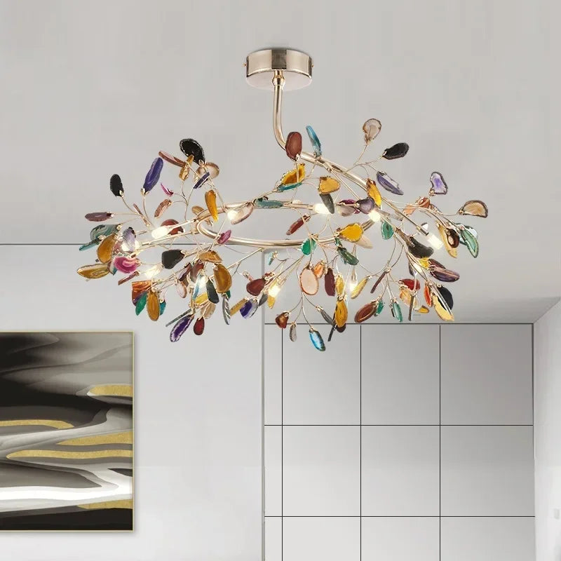Modern Colorful Agate LED Ceiling Chandeliers Lighting Romantic Leaves Shape Pendant Lamp Living Dining Room Bedroom Decor Light
