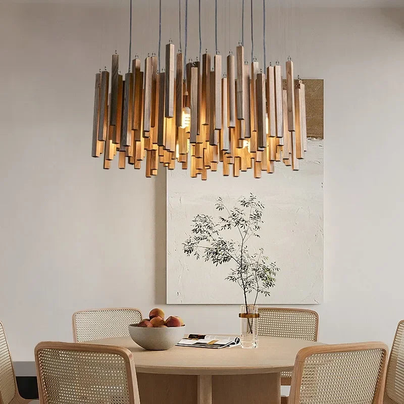 Retro Wooden Hanging Chandelier Light Dining Table Solid Wood Led Pendant Lamp Living Room Kitchen Chandelier Lighting Fixture