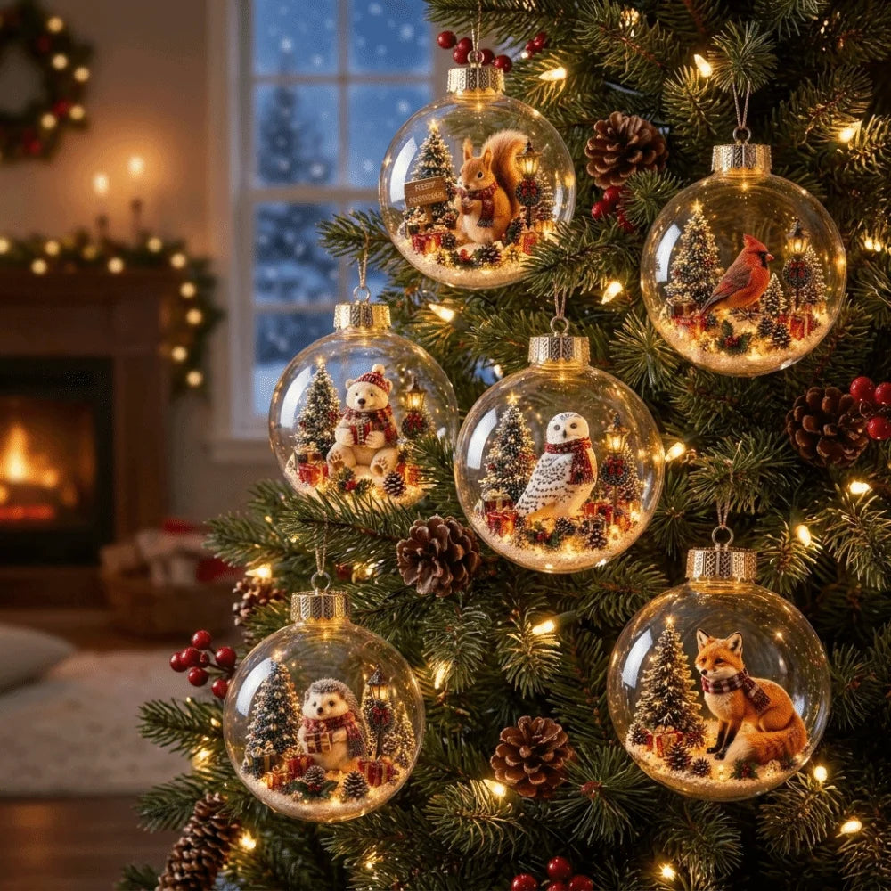 Light-Up Christmas Crystal Ball Spherical Clear Animal Snow Globe Ornament Animal Figure Hanging Holiday Decoration