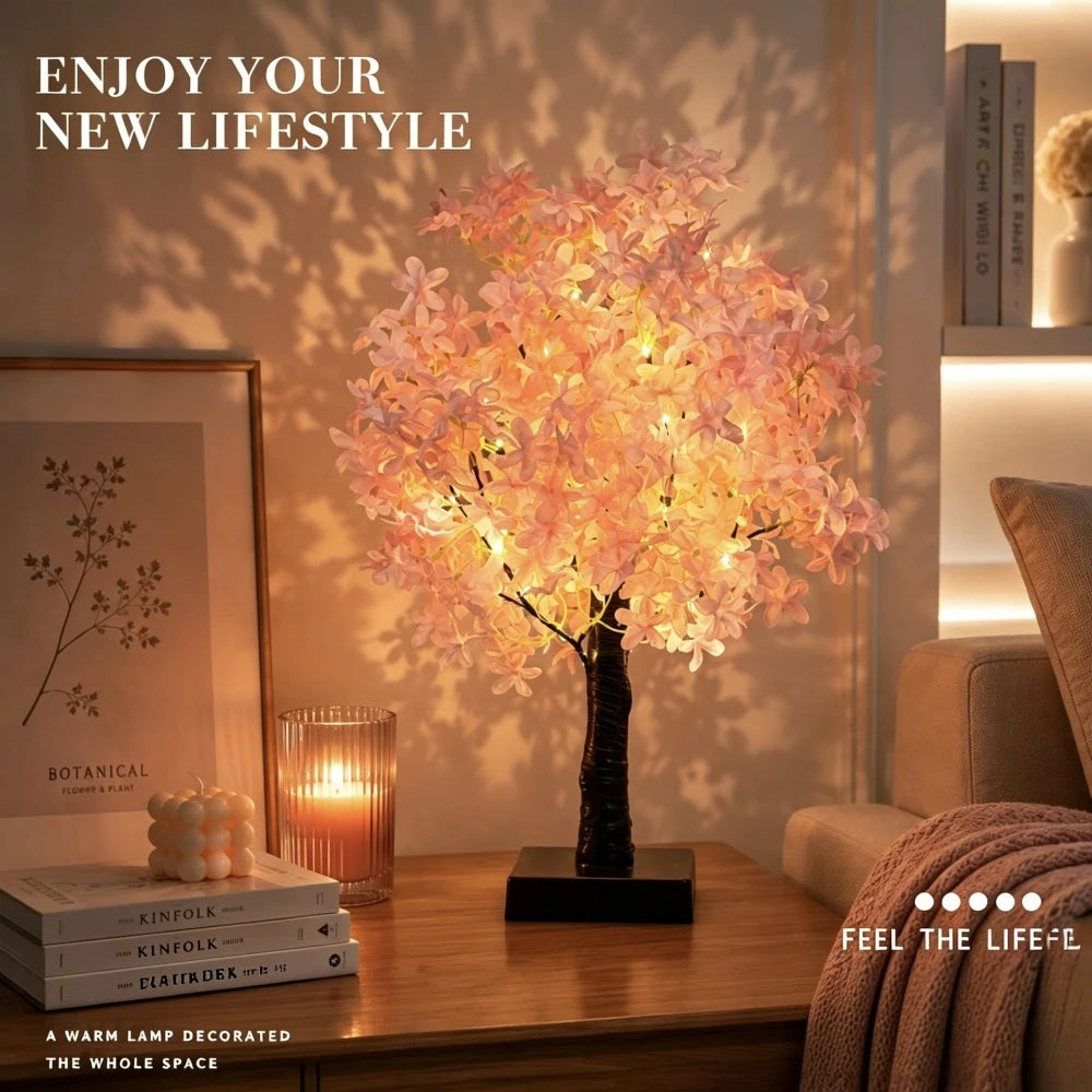 Pink Cherry Blossom Decorative Tree Lamp Bedroom Bedside Indoor Decor Night Light Warm Atmosphere Light Desktop Ornament