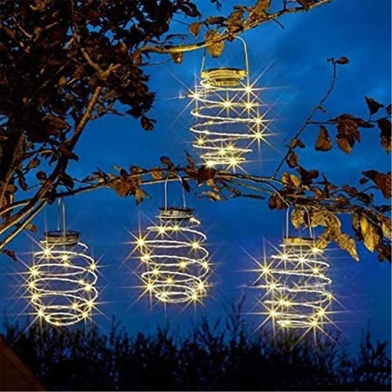 Solar Spiral LED Light Hanging Lantern Solar Spring-Shaped Garden Light Outdoor Waterproof Pendant Light for Patio Porch