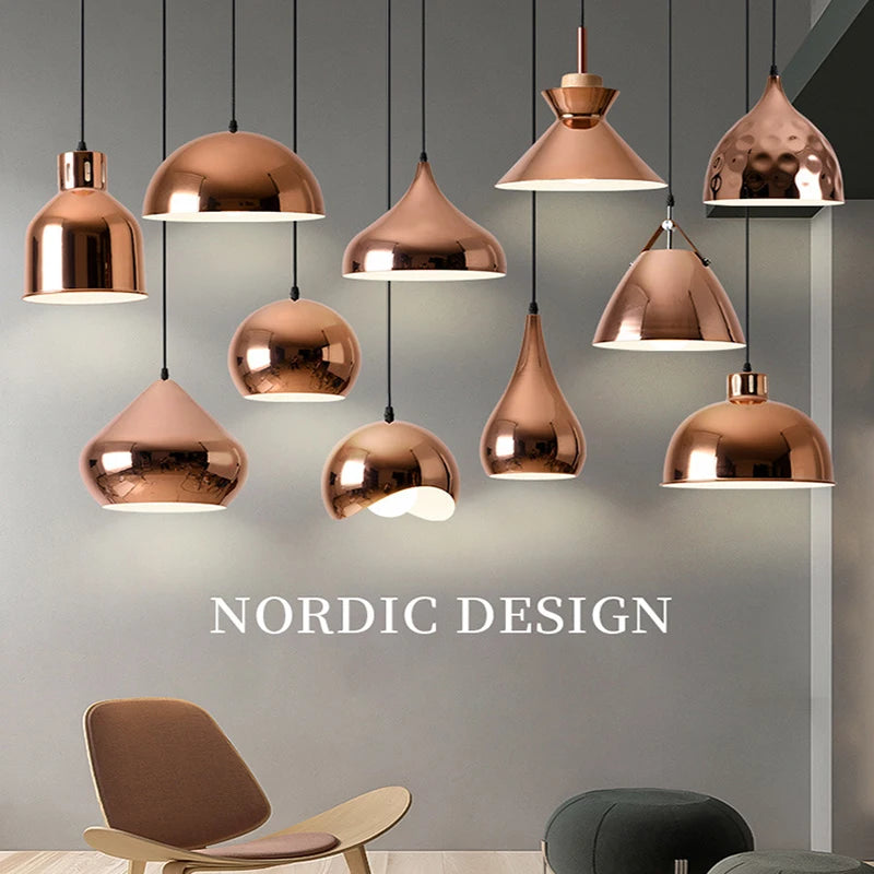 Nordic Rose Gold Pendant Lights Plated Metal Hanging Lamp Fixtures Dining Room Kitchen Island Bar Cafe's Indoor Decors Lighting E27