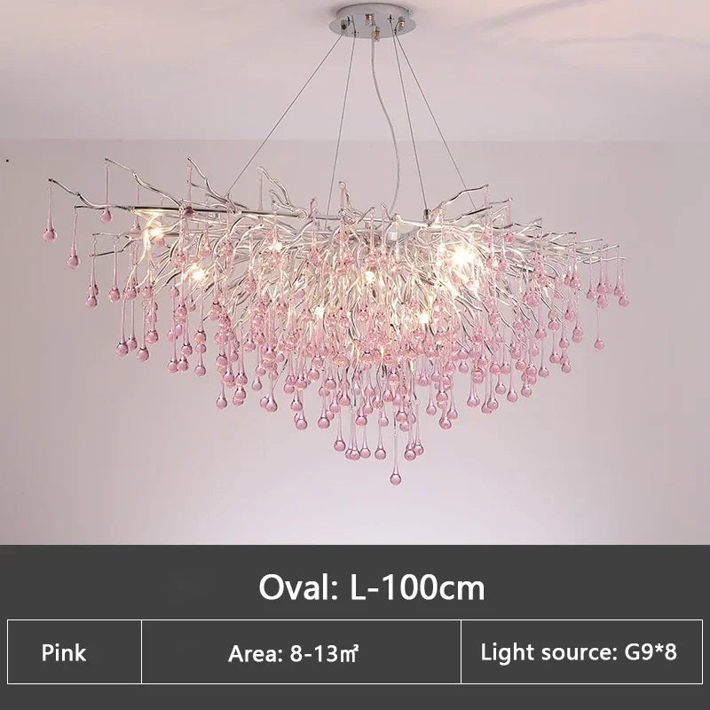 Light luxury living room pendant light creative girl pink branch shaped hall pendant branch water droplet restaurant