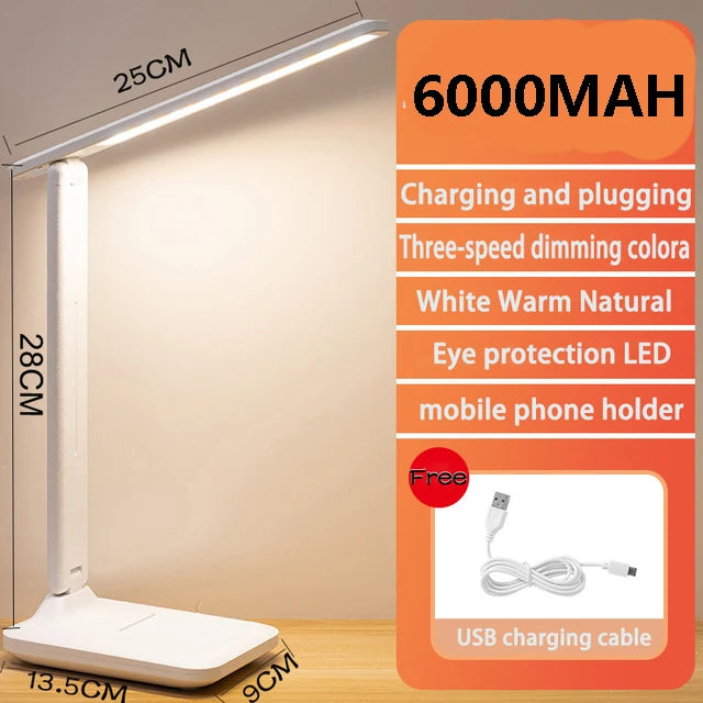 6000mAh Chargeable LED Table Lamp USB 3 Color Step less Dimmable Desk Lamp Touch Foldable Eye Protection Reading Night Light