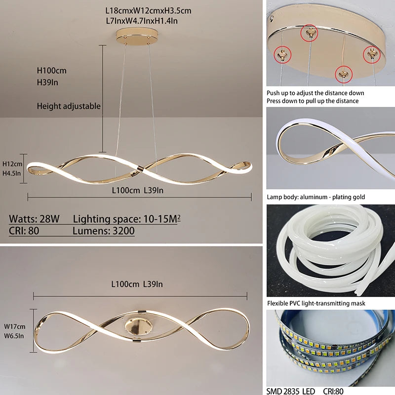 Gold/Chrome ceiling pendant lights,Dimmable Modern LED Pendant Chandelier for Restaurant Kitchen Island Lighting Fixture,L100cm