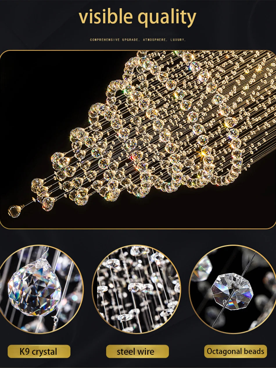 Modern Luxury LED Crystal Chandelier Lamp Stair Lights Droplight Double Entry Long Circular Crystal Lighting  Lobby Chandelier