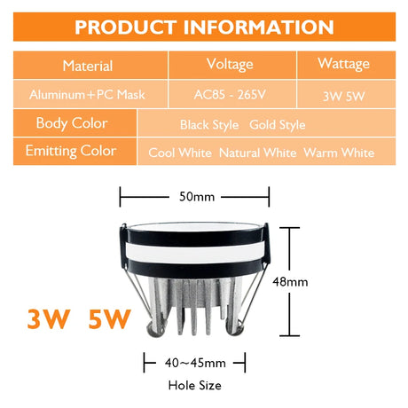 Led Mini Downlight 3W 5W Dimmable Spot Light Recessed Lights ac85-265v Ceiling Indoor Lamp Acrylic Side Glow 220V 230V 110V