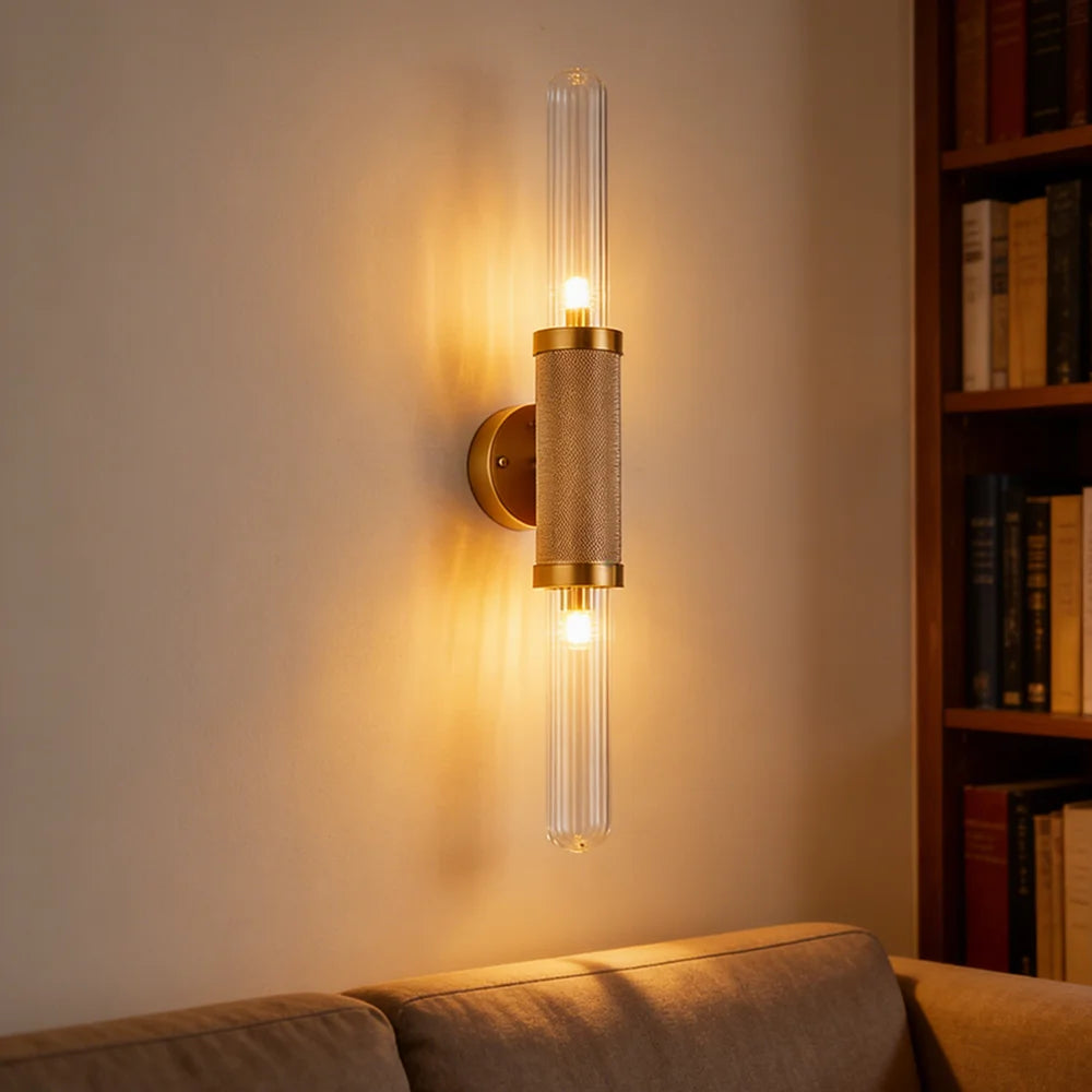 Modern Gold Wall Sconce 2-Light Ribbed Glass Wall Lamp for Bedroom Living Room