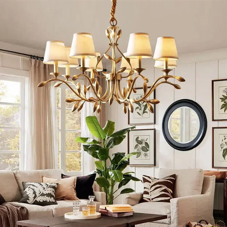 American Retro Luxury Gold Copper Chandeliers Living Dining Bedroom Pendant Lights Fabric Shades Flower Deco Led Lighting Lamps