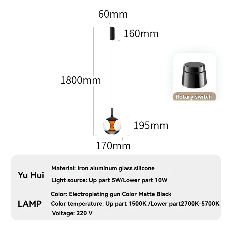 Modern Glass Pendant Light with Knob Switch - Bedside Hanging Night Light
