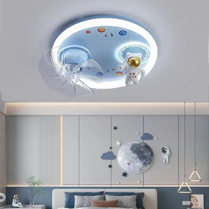 Full spectrum eye protection children's fan LED ceiling light for male and female bedrooms cartoon moon astronaut ceiling light
