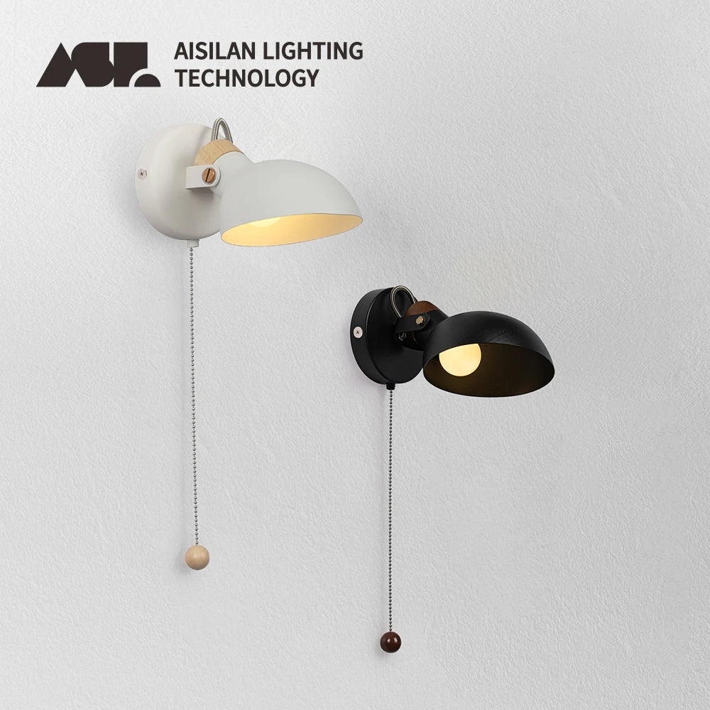 LED Bedside Wall Light with Pull Chain - Replaceable E14 Matte Metal Lamp