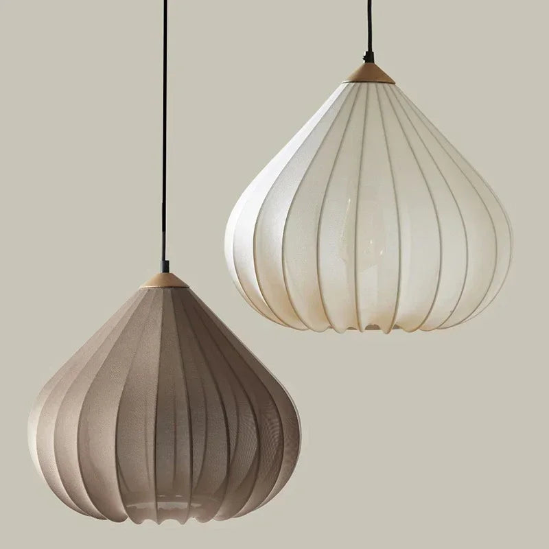 French Minimalist Onion-Shape Fabric Pendant Light - Wabi-Sabi Cloth Shade Ceiling Lamp Fixture for Living Room, Bedroom, Cafe & Kitchen