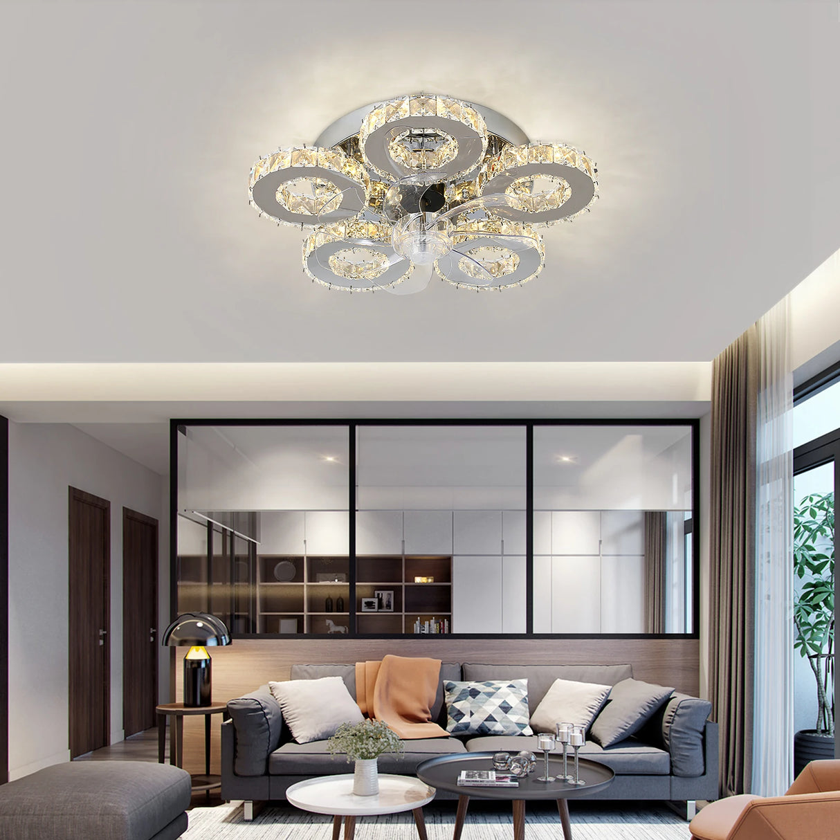 Modern Ceiling Fan Light Led Fan Lamp Smart APP RC Luxury Crystal Chandelier Home Decor Appliance Fixture Living Dining