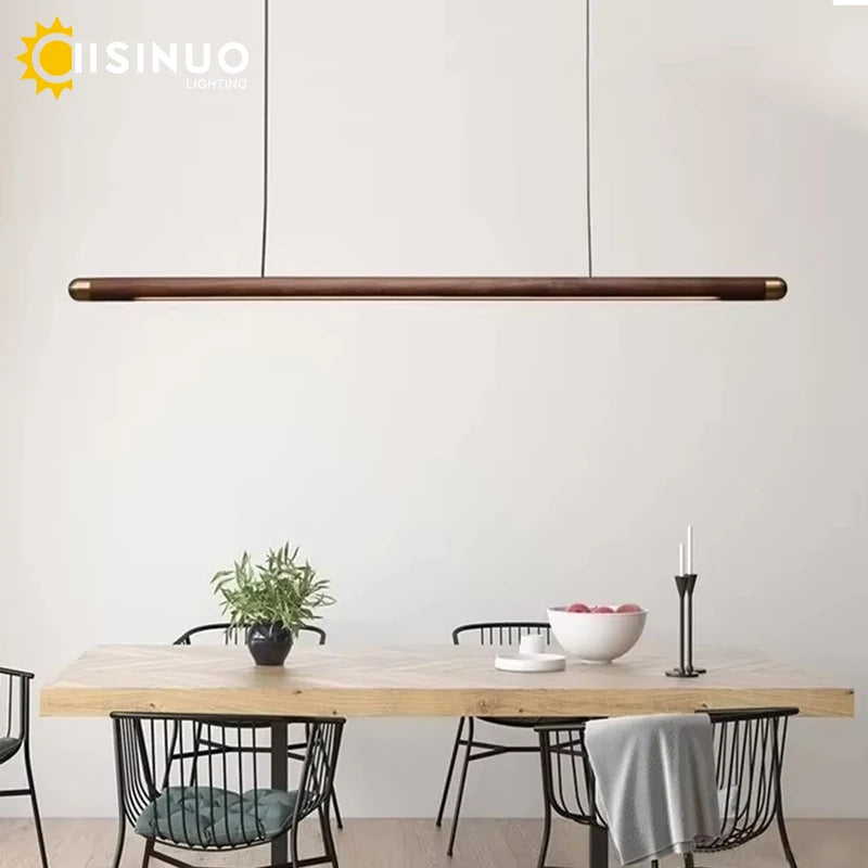 Minimalist Black Walnut Hanging Pendant Light Solid Wood Dining Lamp LED Long Strip Indoor Lighting for Living Room Kitchen Deco