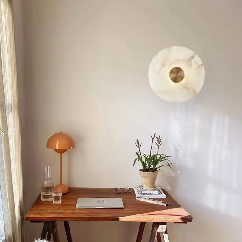 Art Deco Round LED Wall Sconce - Natural Marble & Brass Corridor Light