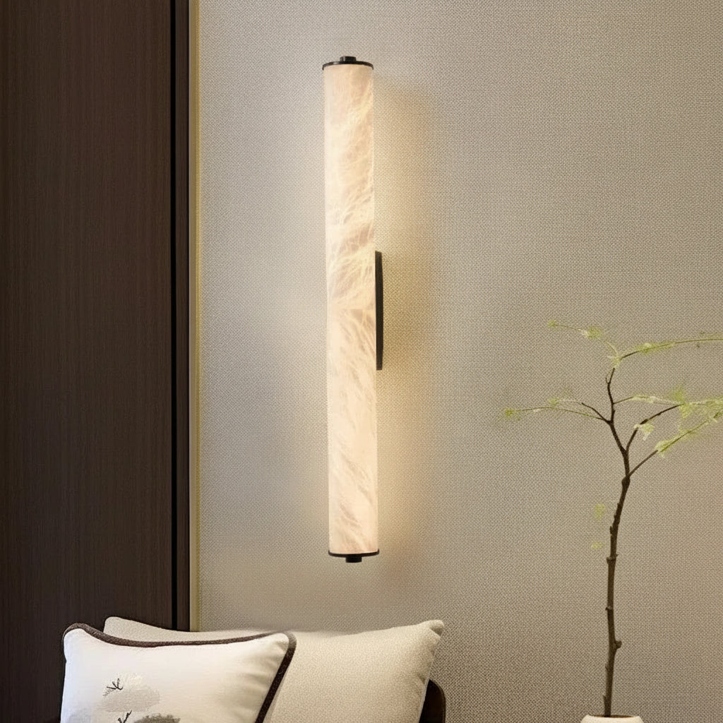 Spanish Natural Marble Wall Sconce Lamp - Cylindrical Up & Down LED Wall Light Fixture for Bathroom, Bedroom, Stairs & Parlor Decor