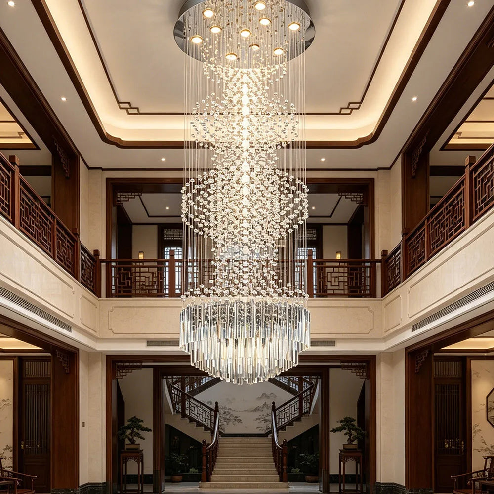 Modern Long Crystal Chandelier Flush Mount Ceiling Light for Duplex Villa Staircase Hotel Lobby Decoration