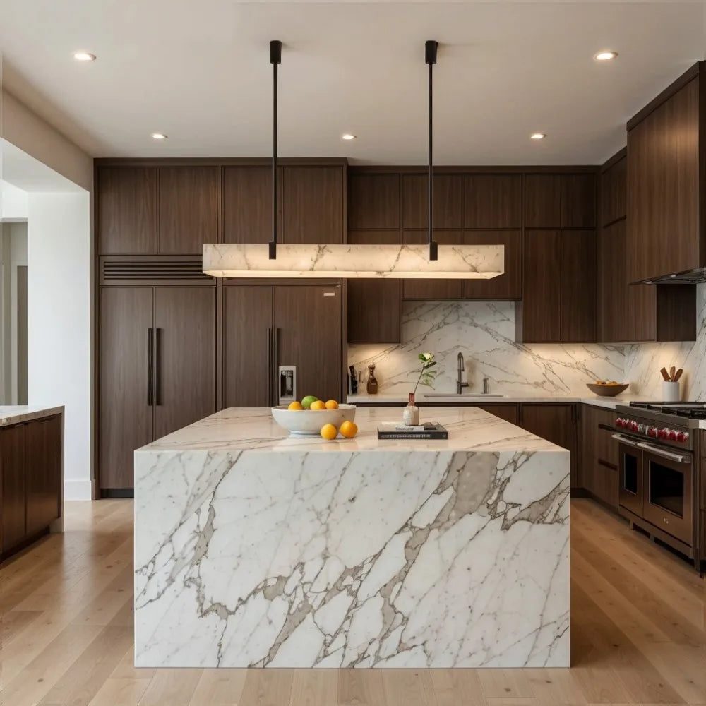 Modern Natural Marble LED Pendant Light - Rectangular Alabaster Chandelier Fixture for Living Room, Kitchen Bar & Dining Room