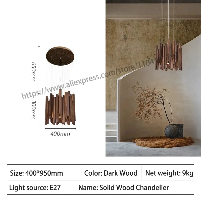 Retro Wooden Hanging Chandelier Light Dining Table Solid Wood Led Pendant Lamp Living Room Kitchen Chandelier Lighting Fixture