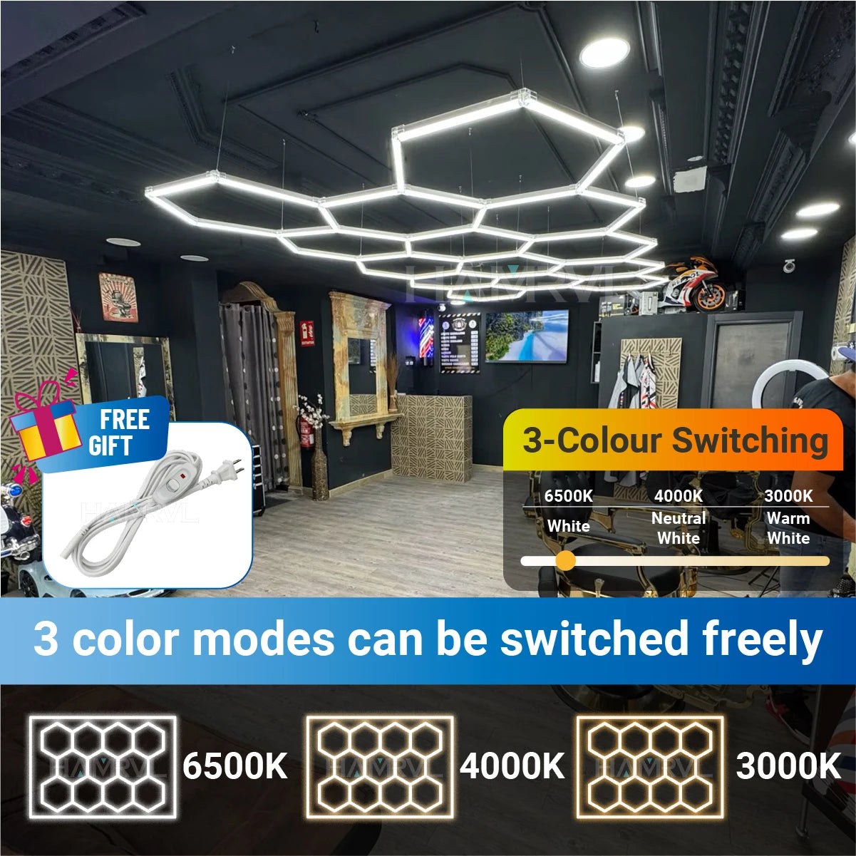 3 Color Switching Mode Hexagon LED Lighting for Garage Barbershop Ceiling Light 3000K 4000K 6500K Workshop Gym 4S Honeycomb Tube